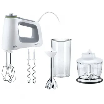 Mixer de mana Braun HM5137WH, 750 W, 9 viteze + Turbo, Pahar gradat 0.6L, Tocator 0.5l, Picior pasator inox, 2 palete, 2 carlige, Alb/Gri