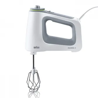 Mixer de mana Braun HM5137WH, 750 W, 9 viteze + Turbo, Pahar gradat 0.6L, Tocator 0.5l, Picior pasator inox, 2 palete, 2 carlige, Alb/Gri