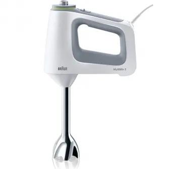 Mixer de mana Braun HM5137WH, 750 W, 9 viteze + Turbo, Pahar gradat 0.6L, Tocator 0.5l, Picior pasator inox, 2 palete, 2 carlige, Alb/Gri