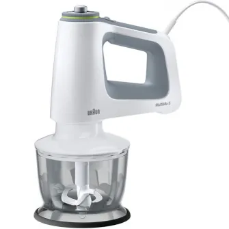 Mixer de mana Braun HM5137WH, 750 W, 9 viteze + Turbo, Pahar gradat 0.6L, Tocator 0.5l, Picior pasator inox, 2 palete, 2 carlige, Alb/Gri