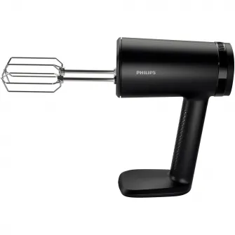 Mixer manual Philips seria 5000,HR3781/00, 500W, 5 viteze plus functie turbo, Pornire lina, Ecran LED, Design cu raza mare de actiune, Carlige din otel inoxidabil pentru aluat, Palete de sarma din otel inoxidabil, Negru