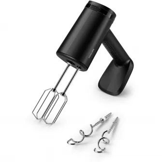 Mixer manual Philips seria 5000,HR3781/00, 500W, 5 viteze plus functie turbo, Pornire lina, Ecran LED, Design cu raza mare de actiune, Carlige din otel inoxidabil pentru aluat, Palete de sarma din otel inoxidabil, Negru