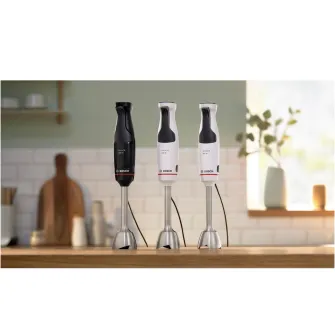 Mixer vertical Bosch ErgoMaster MSM4W410, 800 W, cutit 4 lame si functie antisplash, cuplaj ceramic, picior mixare inoxidabil, pahar de masurare, Alb/ antracit