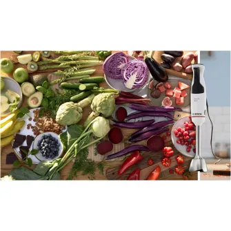 Mixer vertical Bosch ErgoMaster MSM4W410, 800 W, cutit 4 lame si functie antisplash, cuplaj ceramic, picior mixare inoxidabil, pahar de masurare, Alb/ antracit