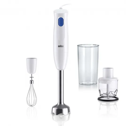Mixer vertical Braun MQ10.202M, 450 W, 1 viteza, Pahar gradat 600ml, Tocator 350ml, Tel otel, Alb/Albastru