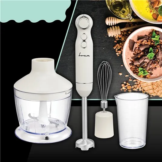 Mixer vertical Fram FHBL-RAC1200CR, 1200W, viteza variabila, functie Turbo, accesorii: tocator, tel, cana de mixat, picior blender din inox, motor DC, capacitate tocator: 500 ml, capacitate cana de mixare: 600 ml, buton ON/OFF, Crem
