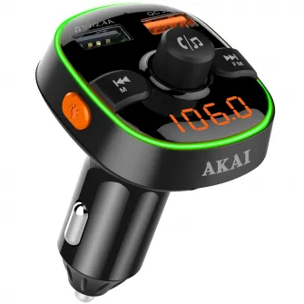Modulator FM AKAI FMT-52BT 87,5-108 MHz, cu design placut si ergonomic, cu Bluetooth, cititor USB multiple formate (WMA, MP3, WAV, APE, FLAC) si micro SD Card, slot USB pentru incarcare rapida diverse device-uri, afisaj digital, iluminare LED