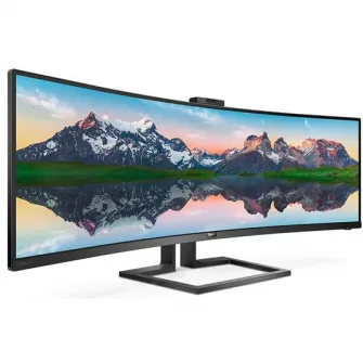 Monitor curbat LED VA Philips 48.8, Ultra wide, 32:9, 1800R, 5k Dual Quad HD, HDR 400, Adobe RGB 91%, Adaptive-Sync, DCI-P3 94%, Flicker-free, Display Port, LAN, Negru, 499P9H