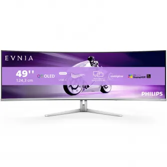 Monitor Gaming Philips EVNIA Curbat 48.8'' QD-OLED DQHD 144Hz 0.03ms(GtG) HDR400 TrueBlack FlickerFree Boxe 7.5Wx2+DTS HA HDMI DisplayPort USB hub USC-C KVM Ambiglow Alb 49M2C8900L/00
