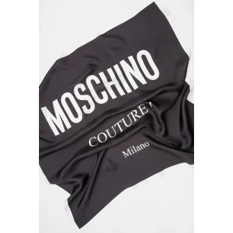 Moschino, Esarfa de matase cu logo, Negru, Alb murdar