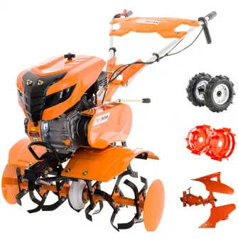 Motocultor pe benzina Ruris 701KS, 7 CP, 208 CC, 4 timpi, 2+1 viteze, 83 cm latime lucru, 29 cm adancime lucru, contine: roti cauciuc + plug reversibil mic + roti metalice fara manicot