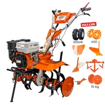 Motocultor pe benzina Ruris 731acc1, putere 8.5 CP, 4 timpi, 2+1 viteze, 83 cm latime lucru, 34 cm adancime lucru, priza de putere,contine:roti cauciuc+rarita+plug+adaptor+dispozitiv scos cartofi+roti metalice+cultivator+contragreutati
