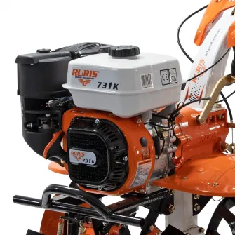 Motocultor pe benzina Ruris 731acc1, putere 8.5 CP, 4 timpi, 2+1 viteze, 83 cm latime lucru, 34 cm adancime lucru, priza de putere,contine:roti cauciuc+rarita+plug+adaptor+dispozitiv scos cartofi+roti metalice+cultivator+contragreutati