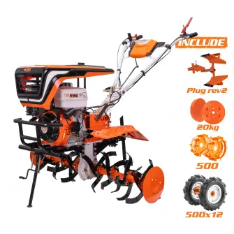 Motocultor pe benzina RURIS 913ACC, putere 13 CP, 390 CC, 4 timpi, 2+1 viteze, priza de putere, 110 cm latime lucru, 36 cm adancime lucru,contine: roti cauciuc + plug reversibil + roti metalice 500 + set contragreutati 20 kg