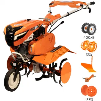 Motocultor Ruris 75002022acc4, 7 CP, 208 CC, 4 timpi, pornire manuala, 3 viteze, 560-830 mm latime lucru, 3 l benzina, roti cauciuc, plug, adaptor, roti metalice 350 fara manicot, set contragreutati
