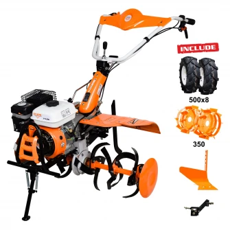 Motocultor Ruris 753k, 7.5 CP, 100 cm latime lucru, 4 timpi, 3.6 l, benzina, roti cauciuc 5.00-8, plug, adaptor, roti metalice 350 fara manicot