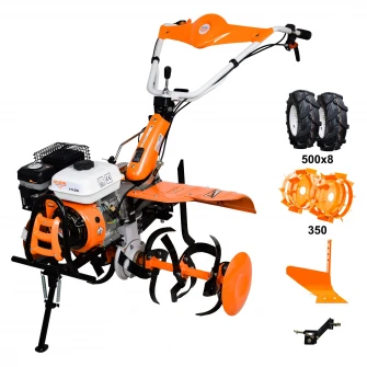 Motocultor Ruris 753k, 7.5 CP, 100 cm latime lucru, 4 timpi, 3.6 l, benzina, roti cauciuc 5.00-8, plug, adaptor, roti metalice 350 fara manicot