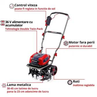 Motosapa electrica pe acumulator Einhell GP-CR 36/45 Li E BL- Solo Power X-Change, 36 V, latime de lucru 45 cm, adancime de lucru 23 cm, roti reglabile pe inaltime, motor fara perii, fara acumulator si incarcator in setul de livrare