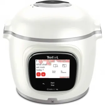 Multicooker inteligent cu gatire sub presiune Tefal Cook4me Touch Pro CY9441F2, 1600W, capacitate vas ceramic antiaderent 6L, 15 programe de gatire, Wi-Fi, cantar integrat, ecran tactil LCD, aplicatie dedicata, 250 retete preinstalate, alb
