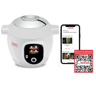 Multicooker inteligent cu gatire sub presiune Tefal Cook4Me CY851130, 1600W, 6 moduri de gatit, instructiuni pas cu pas, rapid si usor, 150 de retete, capacitate 6 l, alb