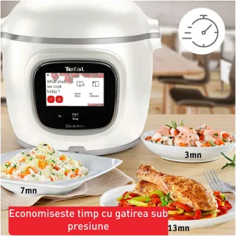 Multicooker inteligent cu gatire sub presiune Tefal Cook4me Touch Pro CY9441F2, 1600W, capacitate vas ceramic antiaderent 6L, 15 programe de gatire, Wi-Fi, cantar integrat, ecran tactil LCD, aplicatie dedicata, 250 retete preinstalate, alb