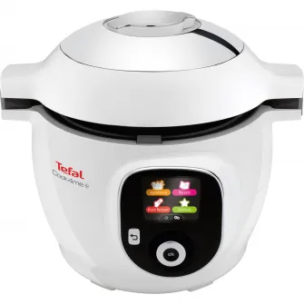 Multicooker inteligent cu gatire sub presiune Tefal Cook4Me CY851130, 1600W, 6 moduri de gatit, instructiuni pas cu pas, rapid si usor, 150 de retete, capacitate 6 l, alb