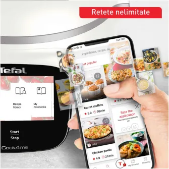 Multicooker inteligent cu gatire sub presiune Tefal Cook4me Touch Pro CY9441F2, 1600W, capacitate vas ceramic antiaderent 6L, 15 programe de gatire, Wi-Fi, cantar integrat, ecran tactil LCD, aplicatie dedicata, 250 retete preinstalate, alb