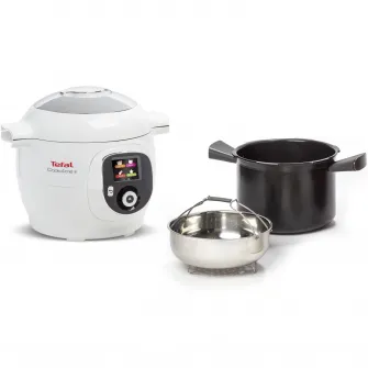 Multicooker inteligent cu gatire sub presiune Tefal Cook4Me CY851130, 1600W, 6 moduri de gatit, instructiuni pas cu pas, rapid si usor, 150 de retete, capacitate 6 l, alb