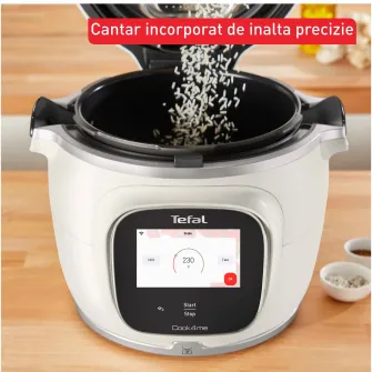 Multicooker inteligent cu gatire sub presiune Tefal Cook4me Touch Pro CY9441F2, 1600W, capacitate vas ceramic antiaderent 6L, 15 programe de gatire, Wi-Fi, cantar integrat, ecran tactil LCD, aplicatie dedicata, 250 retete preinstalate, alb