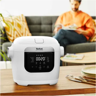 Multicooker Tefal Multicook Basic MY700B30, 700W, capacitate 6L, 10 programe de gatire, panou de comanda digital, oprire automata, vas antiaderent, timp si temperatura ajustabile, alb & negru