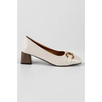 MUSK, Pantofi de piele ecologica cu toc masiv, Alb optic, Bronz, 37