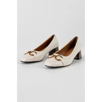MUSK, Pantofi de piele ecologica cu toc masiv, Alb optic, Bronz, 37