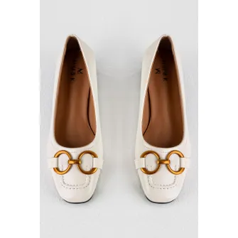 MUSK, Pantofi de piele ecologica cu toc masiv, Alb optic, Bronz, 37