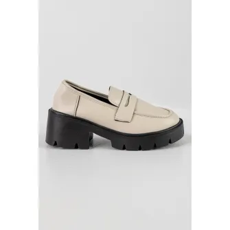 MUSK, Pantofi loafer de piele ecologica cu toc masiv, Negru, Maro nisip, 39