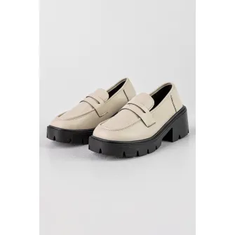 MUSK, Pantofi loafer de piele ecologica cu toc masiv, Negru, Maro nisip, 39