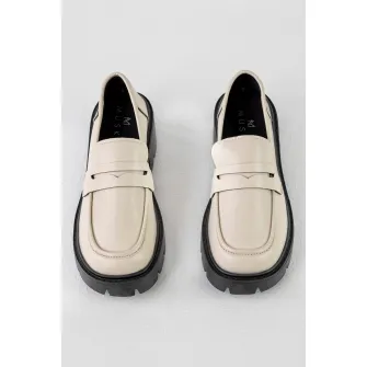 MUSK, Pantofi loafer de piele ecologica cu toc masiv, Negru, Maro nisip, 39