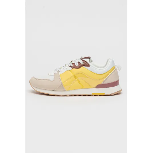 MUSK, Pantofi sport cu model colorblock si insertii de piele ecologica, Alb, Galben, Bej, 40
