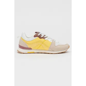 MUSK, Pantofi sport cu model colorblock si insertii de piele ecologica, Alb, Galben, Bej, 36