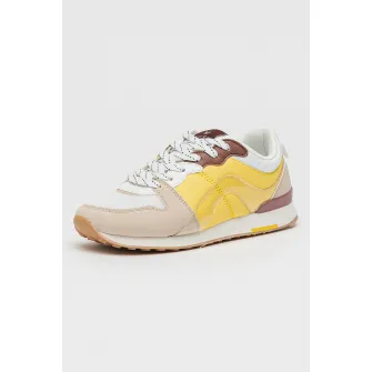 MUSK, Pantofi sport cu model colorblock si insertii de piele ecologica, Alb, Galben, Bej, 36