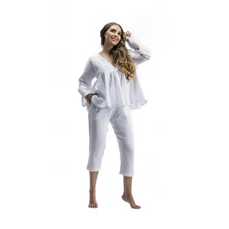 Naeve, Set de bluza de bumbac organic si pantaloni trei sferturi, Alb, XS-S