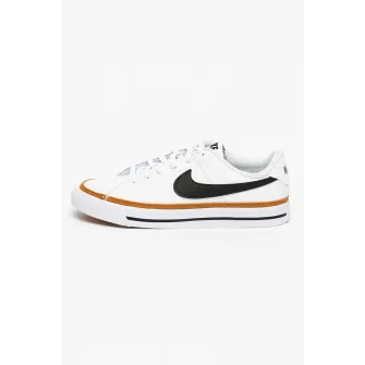 Nike, Pantofi sport cu insertii de piele - Court Legacy, Alb optic/Negru/Maro caramel, 35.5 EU