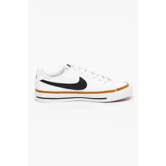 Nike, Pantofi sport cu insertii de piele - Court Legacy, Alb optic/Negru/Maro caramel, 35.5 EU