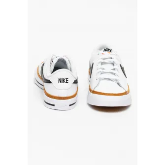 Nike, Pantofi sport cu insertii de piele - Court Legacy, Alb optic/Negru/Maro caramel, 35.5 EU