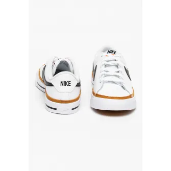 Nike, Pantofi sport cu insertii de piele - Court Legacy, Alb optic/Negru/Maro caramel, 36 EU