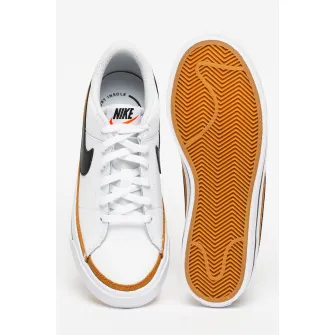 Nike, Pantofi sport cu insertii de piele - Court Legacy, Alb optic/Negru/Maro caramel, 35.5 EU