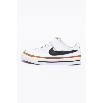 Nike, Pantofi sport de piele si piele ecologica, cu velcro si logo contrastant Court Legacy, Alb/Negru/Maro, 29.5 EU