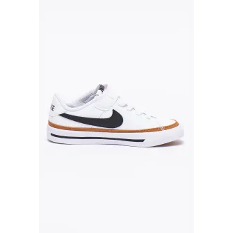 Nike, Pantofi sport de piele si piele ecologica, cu velcro si logo contrastant Court Legacy, Alb/Negru/Maro, 29.5 EU