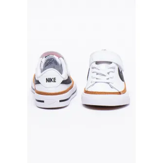 Nike, Pantofi sport de piele si piele ecologica, cu velcro si logo contrastant Court Legacy, Alb/Negru/Maro, 29.5 EU
