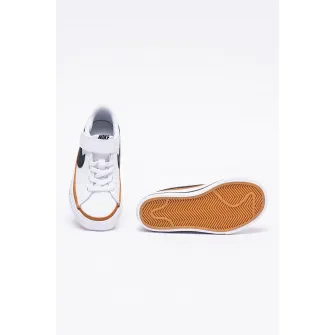 Nike, Pantofi sport de piele si piele ecologica, cu velcro si logo contrastant Court Legacy, Alb/Negru/Maro, 29.5 EU