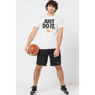 Nike, Tricou din bumbac cu imprimeu si decolteu la baza gatului, Negru, Alb optic, S